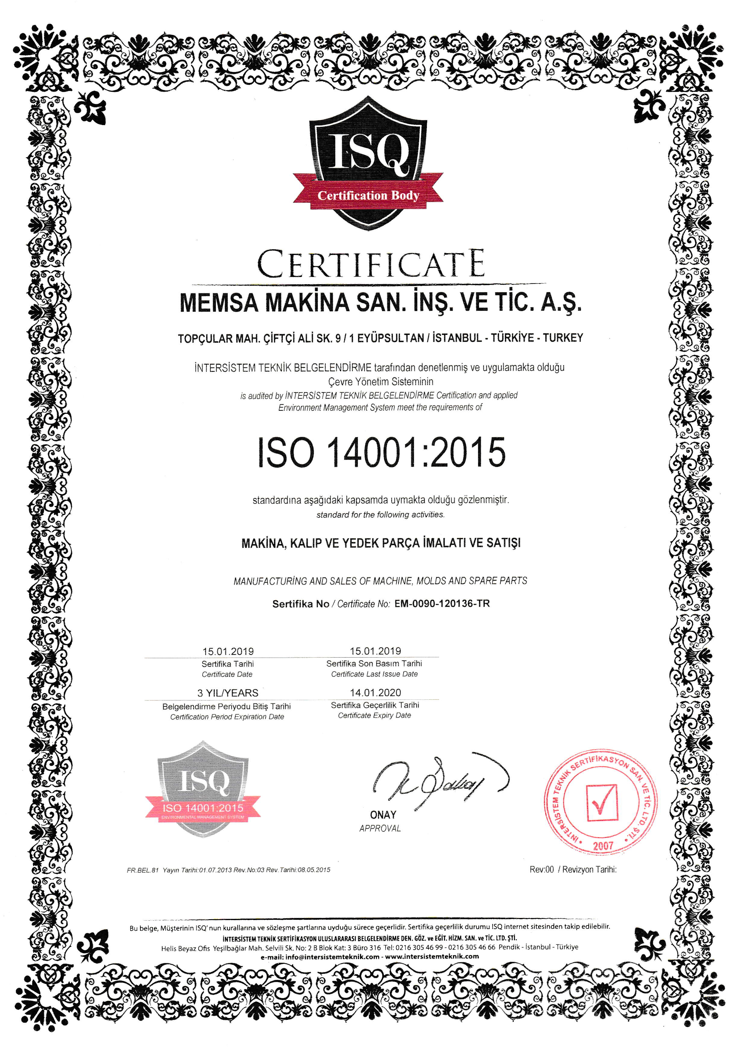 ISO-14001:2015 Çevre Yönetim Sistemi Belgesi