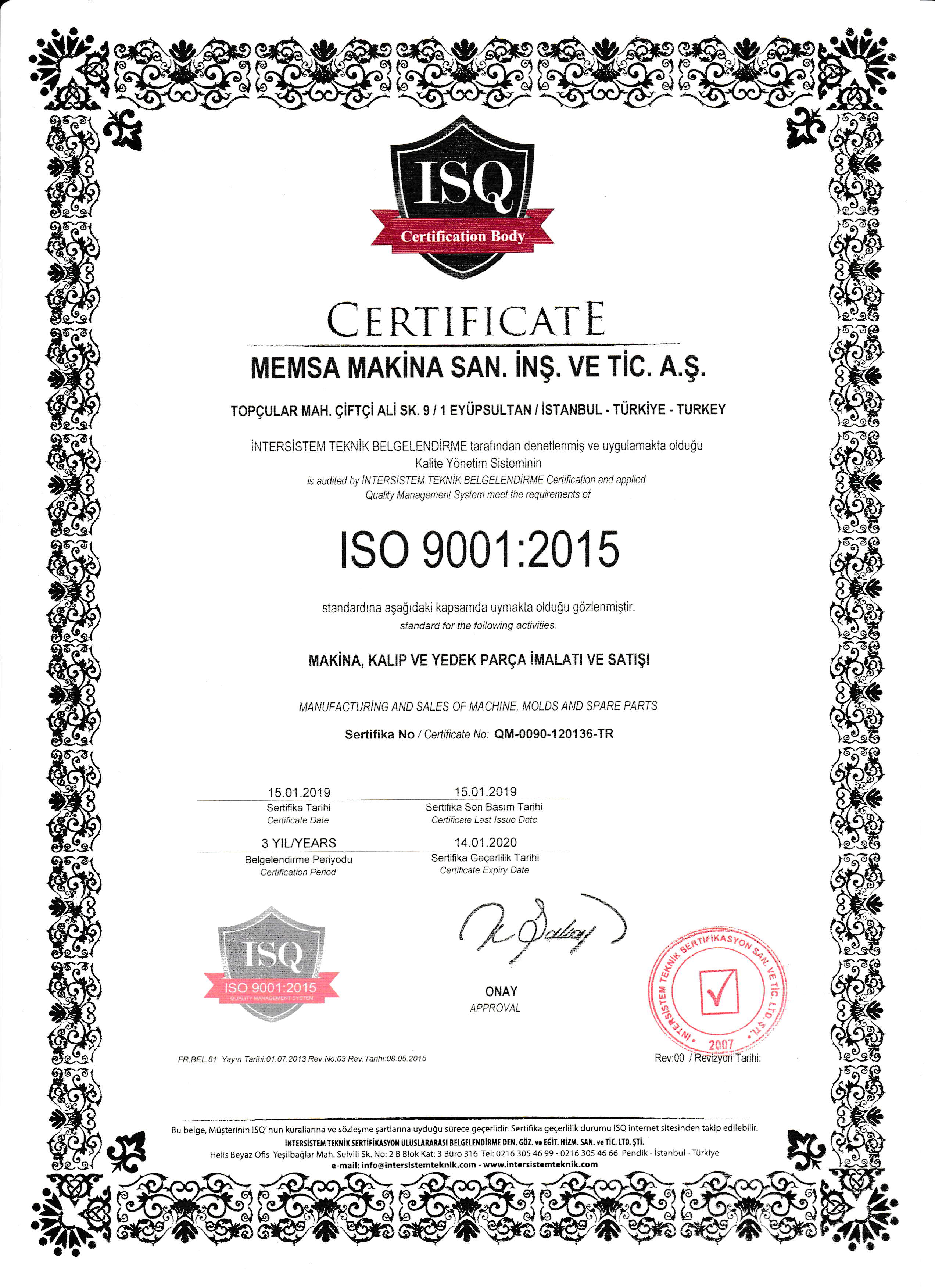 ISO-9001:2015 Kalite Yönetim Sistemi Belgesi